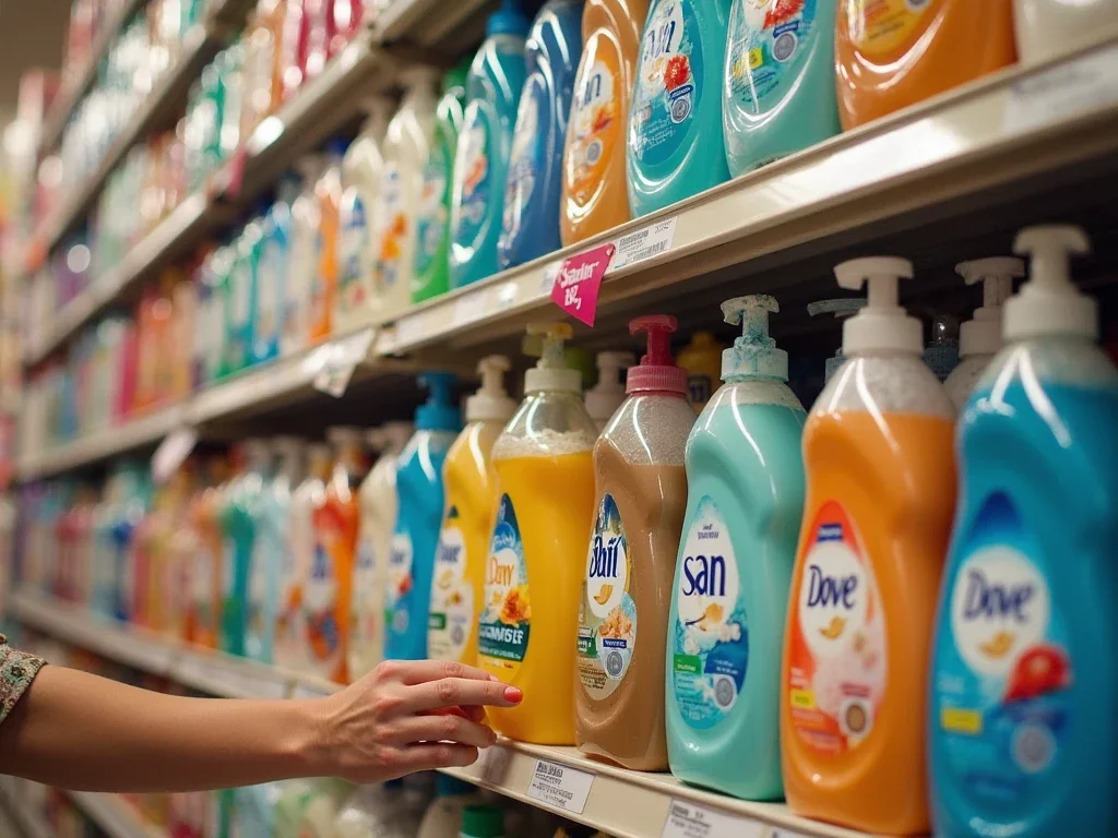 Store Shelf with Liquid Soap Bottles